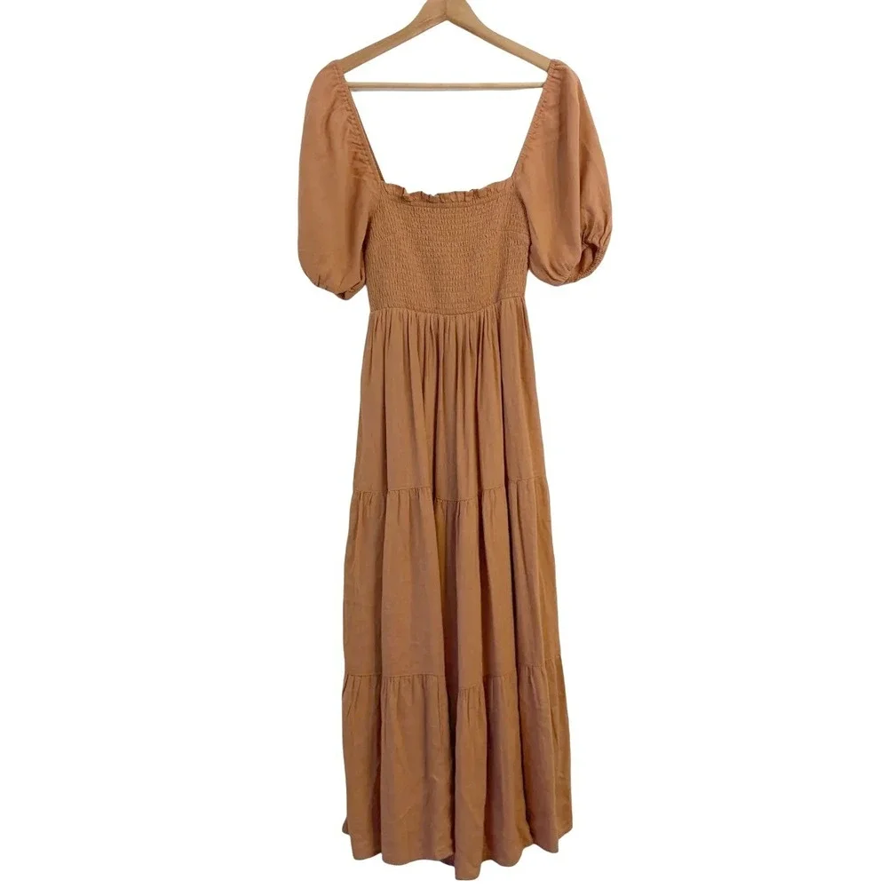 Abercrombie & Fitch Midi Dress Small Tall ST Cottagecore Smocked Tiered Pockets